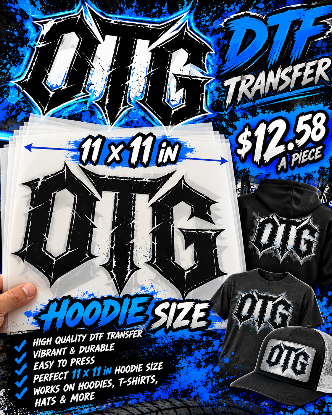 OTG DTF Heat Transfer – 11" × 11" Hoodie Size