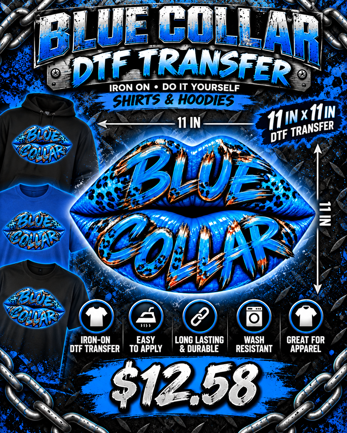 Blue Collar Lips – 11" x 11" DTF Iron-On Transfer