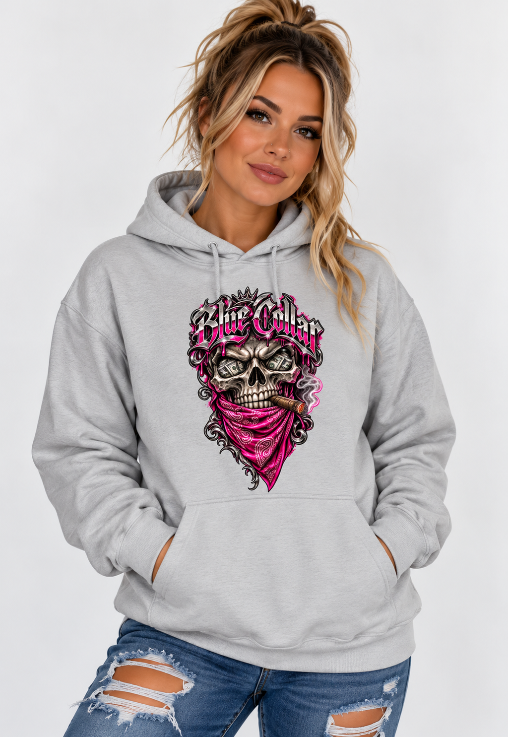 Blue Collar Skull Hoodie – Hot Pink Edition