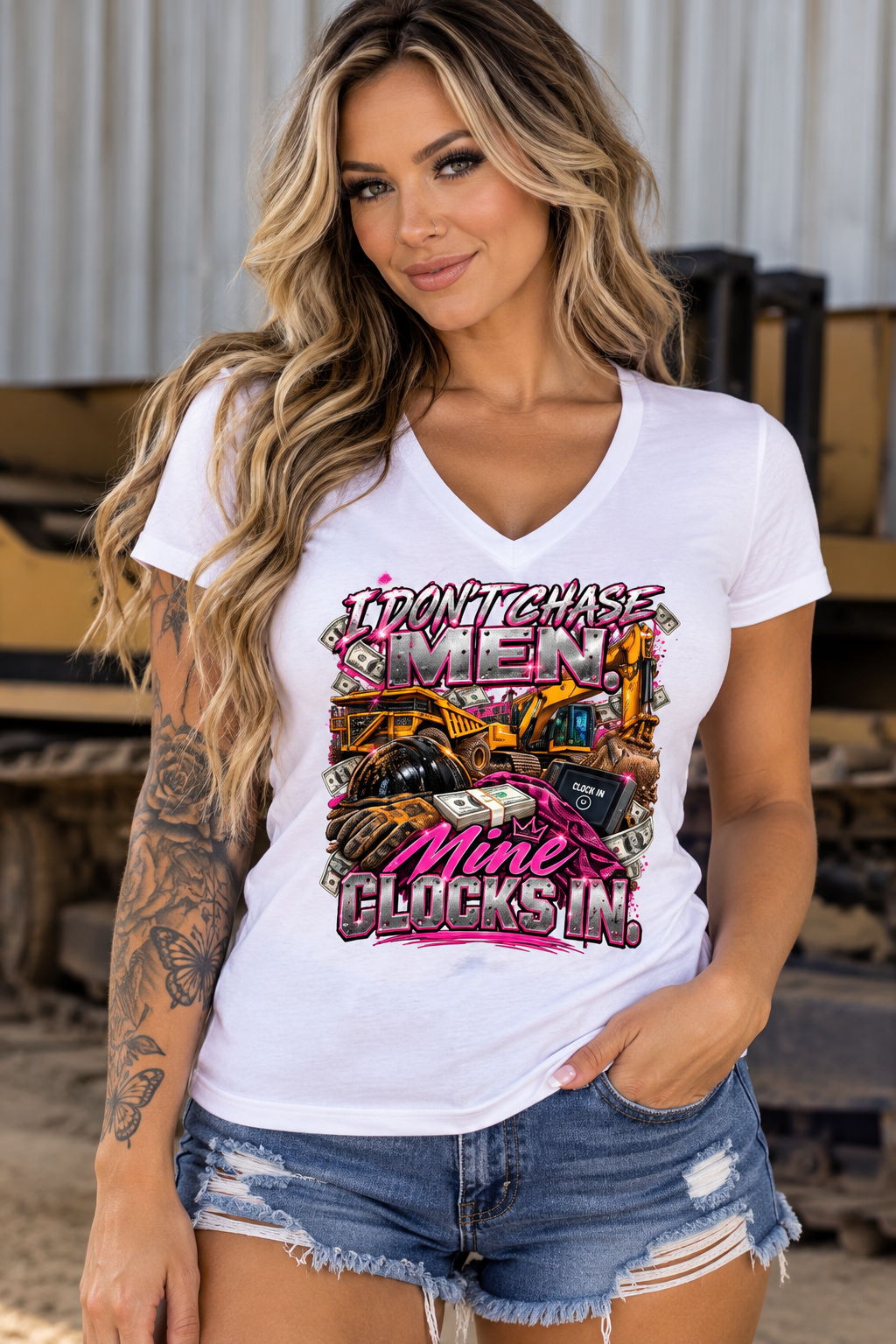 I Don’t Chase Men, Mine Clocks In – Women’s Graphic V-Neck T-Shirt