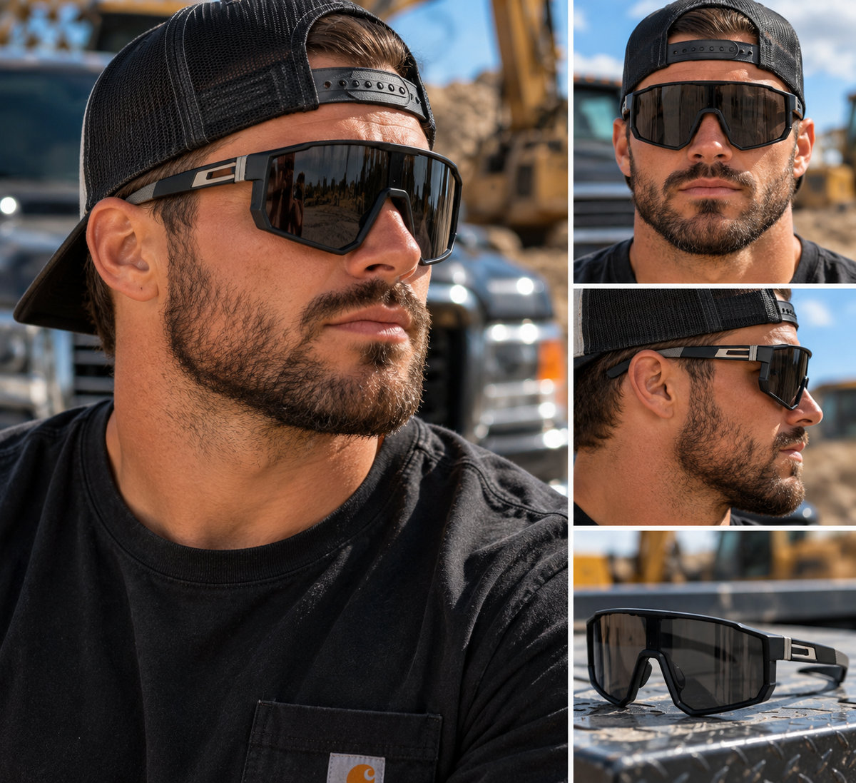 Men’s Black Shield Sunglasses – Bold Blue Collar Style