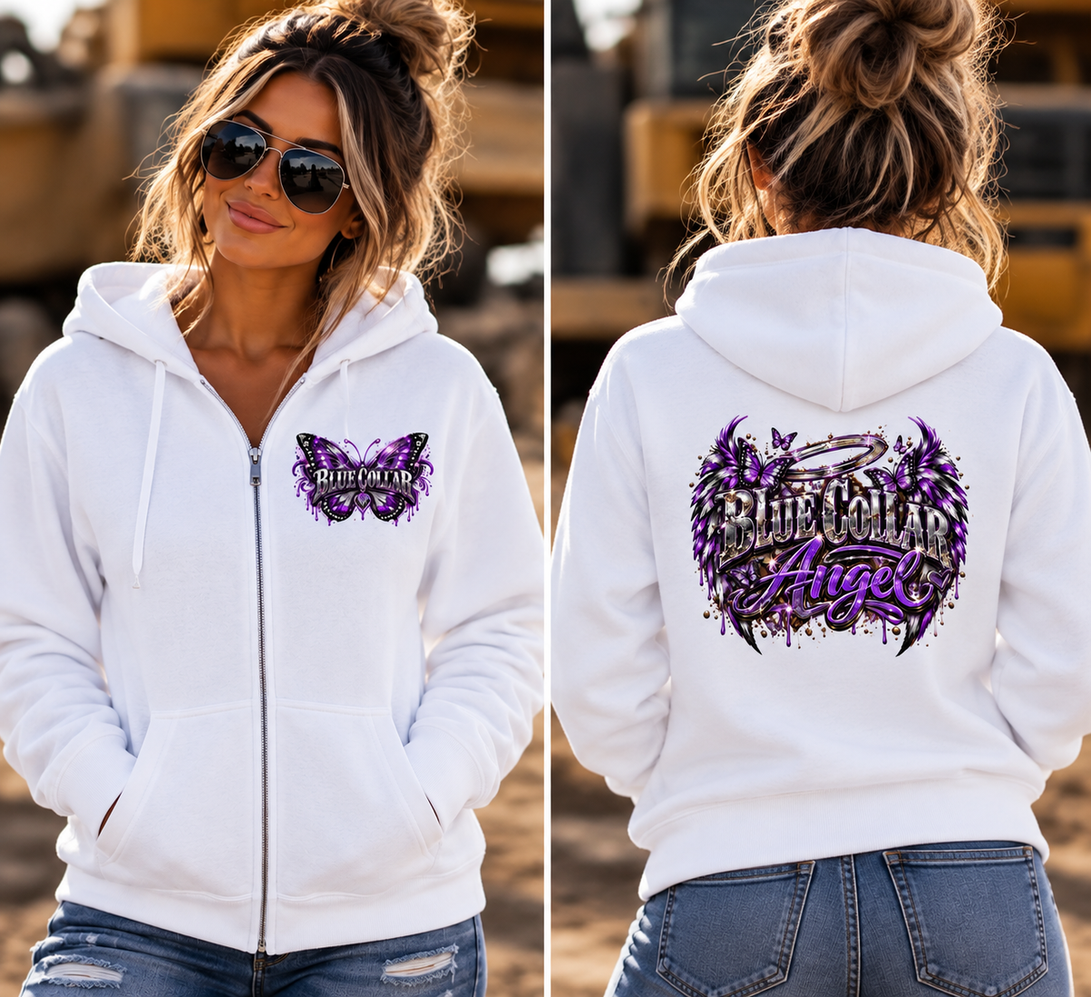 Blue Collar Angel – Purple Butterfly Zip-Up Hoodie