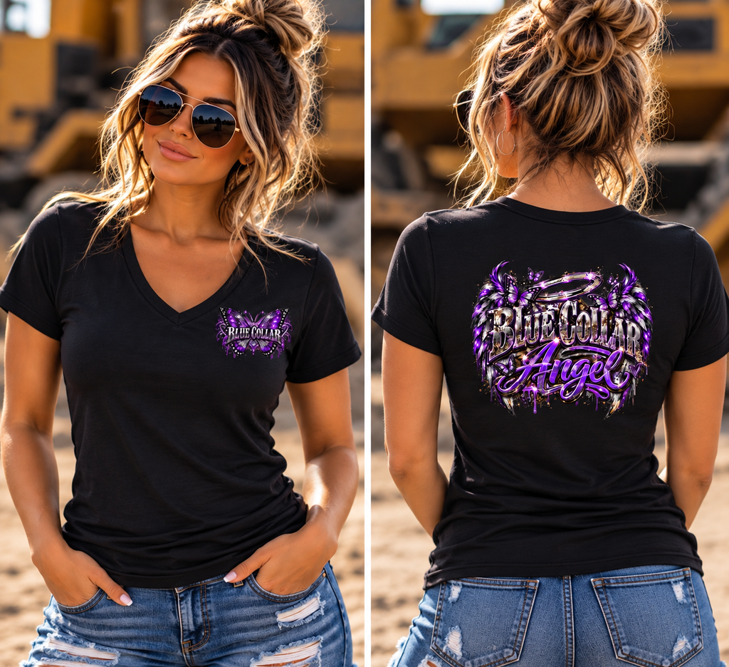 Blue Collar Angel – Women’s Purple Butterfly V-Neck Tee