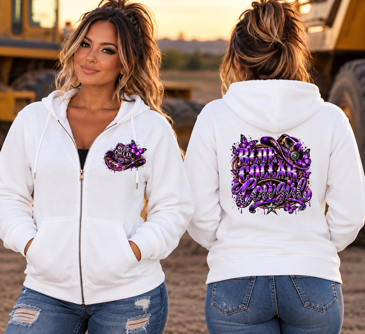 Blue Collar Cowgirl – Purple Butterfly Zip-Up Hoodie