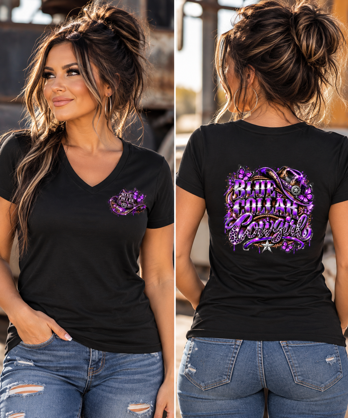 Blue Collar Cowgirl – Purple Butterfly V-Neck Tee