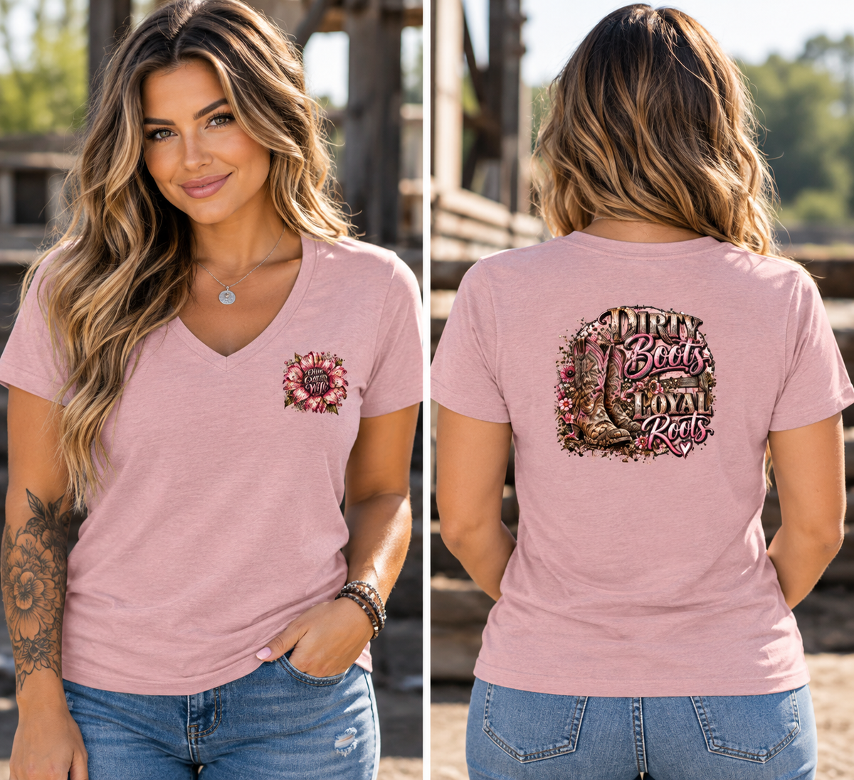 Dirty Boots, Loyal Roots – Women’s Blue Collar V-Neck Tee