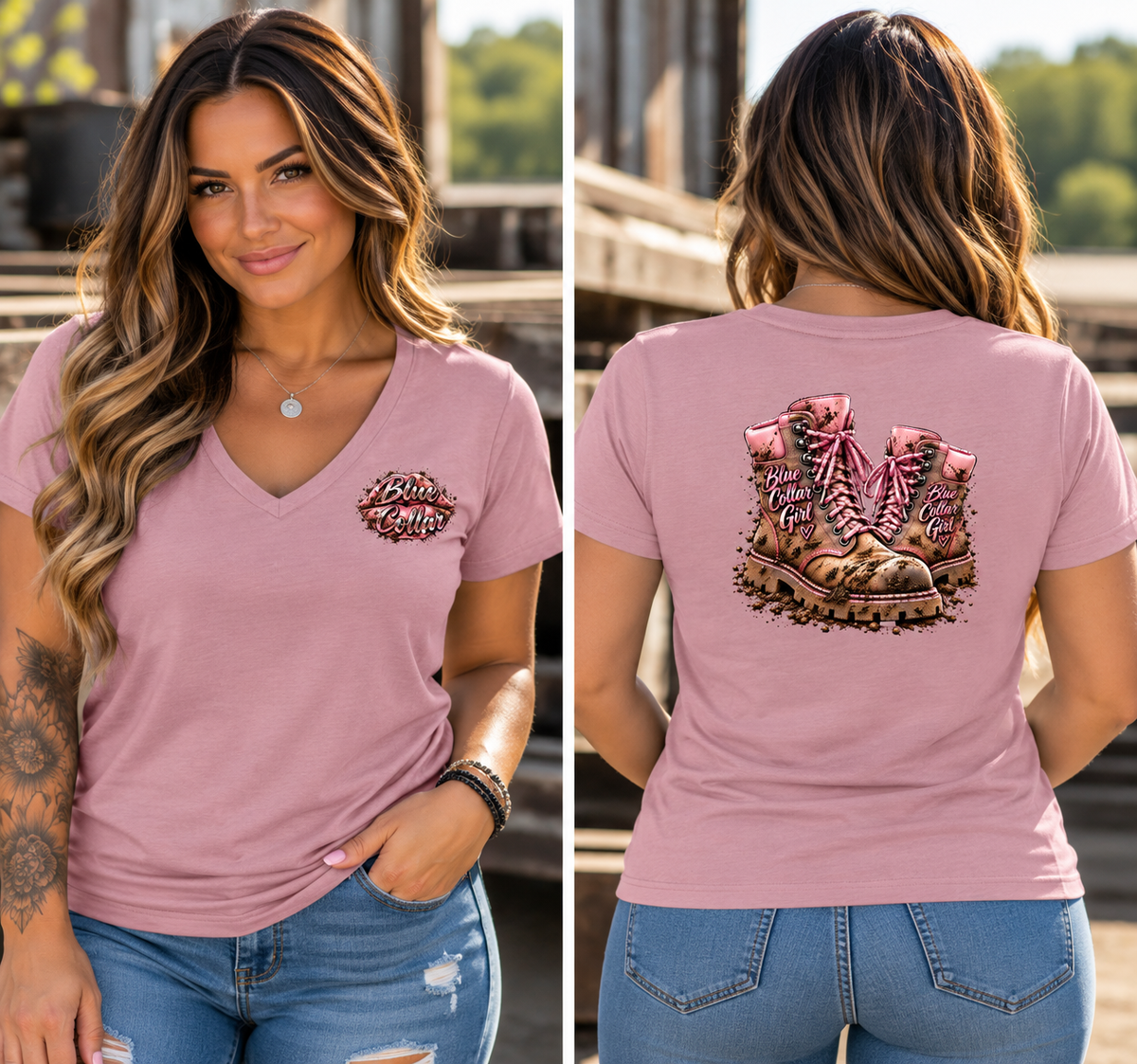 Blue Collar Girl – Pink Work Boots Women’s V-Neck Tee