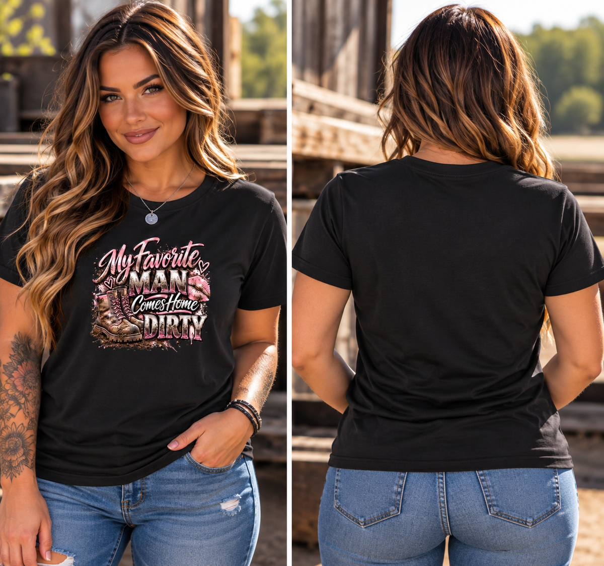 My Favorite Man Comes Home Dirty – Women’s Blue Collar Graphic Tee