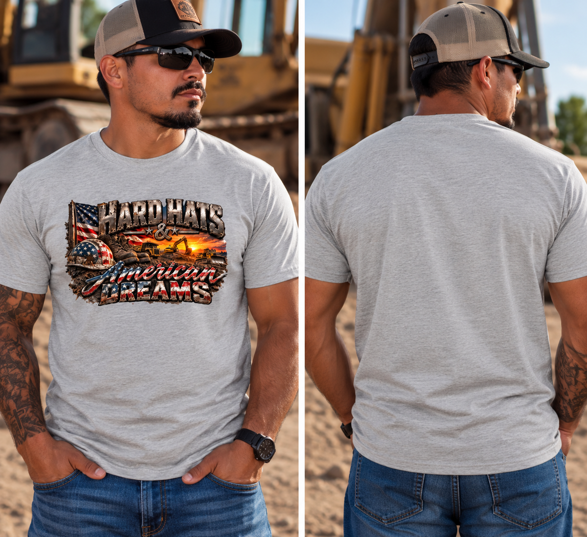 Hard Hats & American Dreams – Men’s Patriotic Blue Collar Graphic Tee