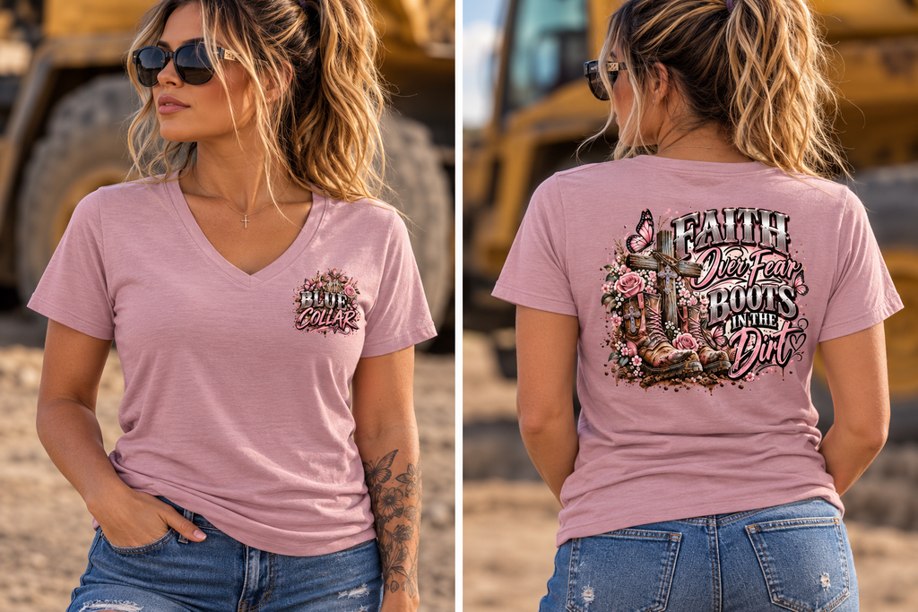 Faith Over Fear, Boots in the Dirt – Women’s V-Neck Tee