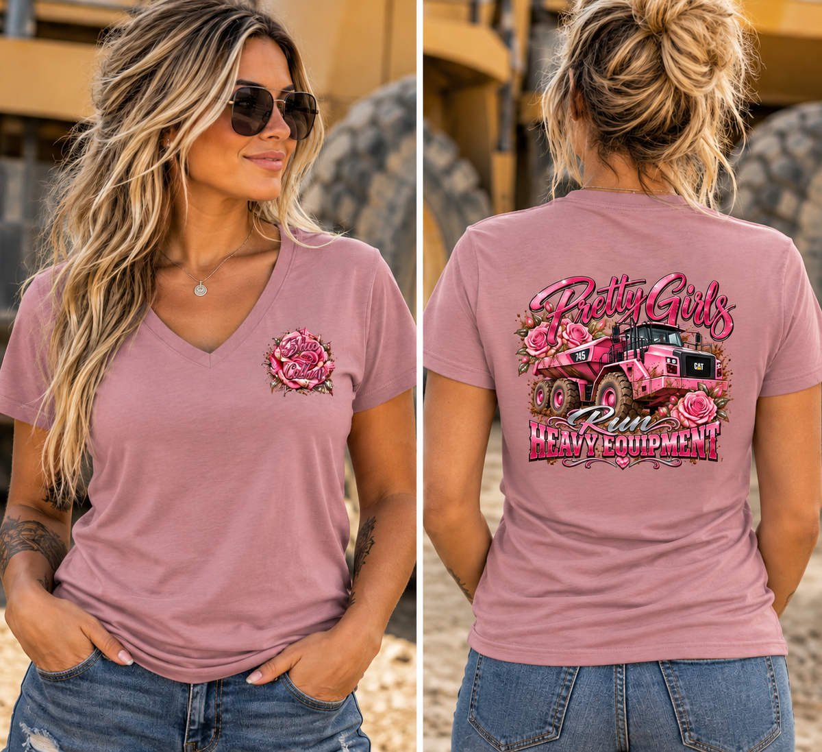 Pretty Girls Run Heavy Equipment – Women’s V-Neck Graphic Tee