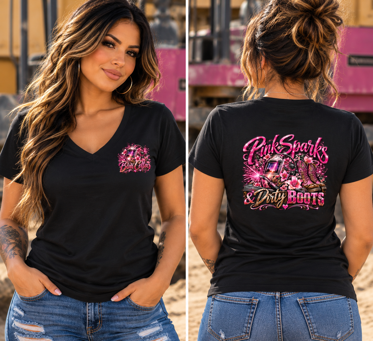 Pink Sparks & Dirty Boots – Women’s V-Neck Graphic Tee