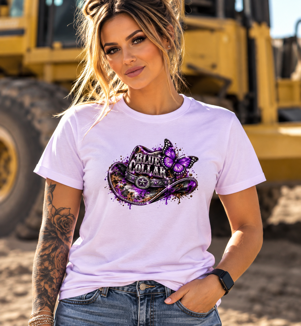 Blue Collar Label – Women’s Purple Cowgirl Butterfly Graphic Tee