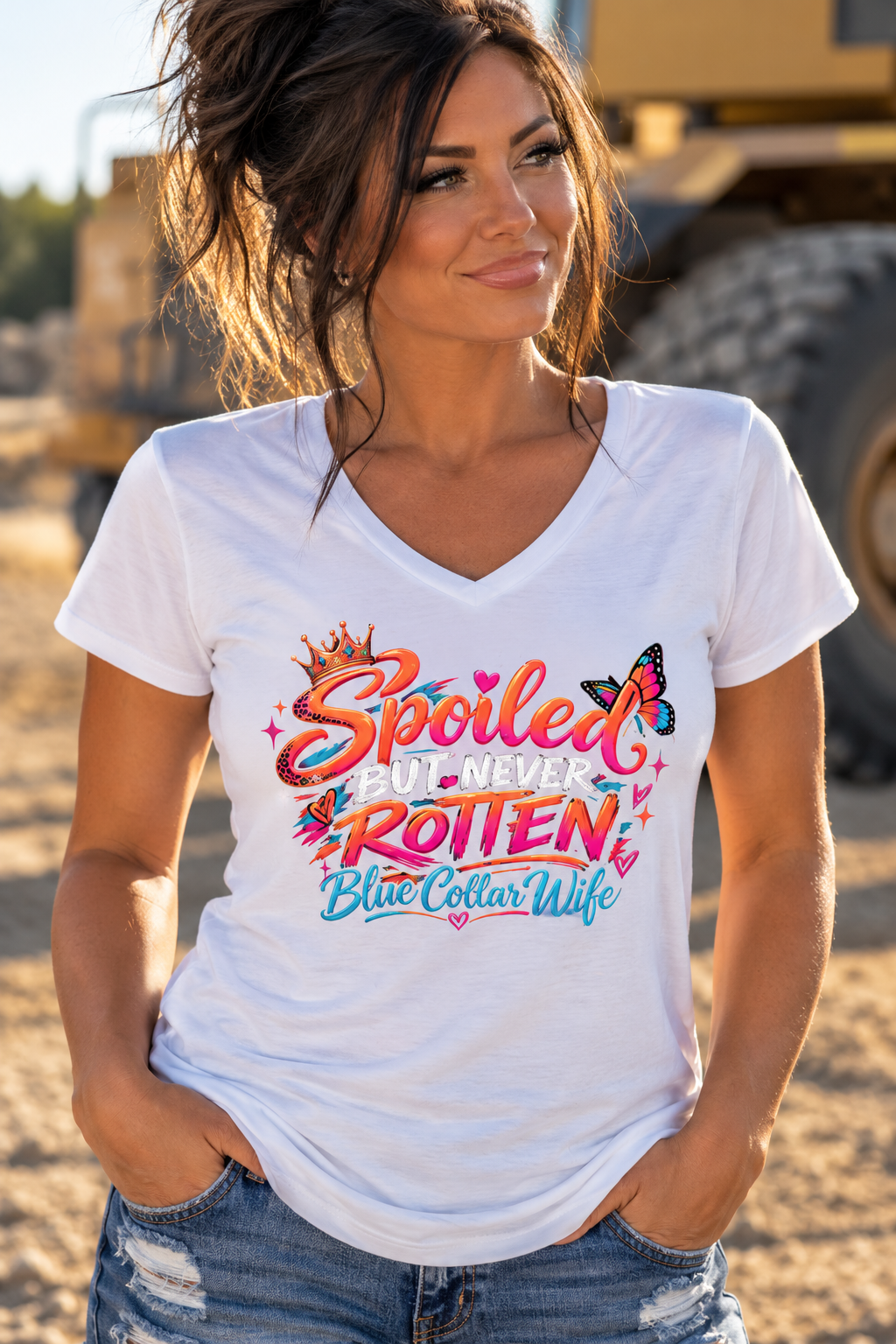 Spoiled But Never Rotten – Blue Collar Wife Women’s V-Neck Shirt