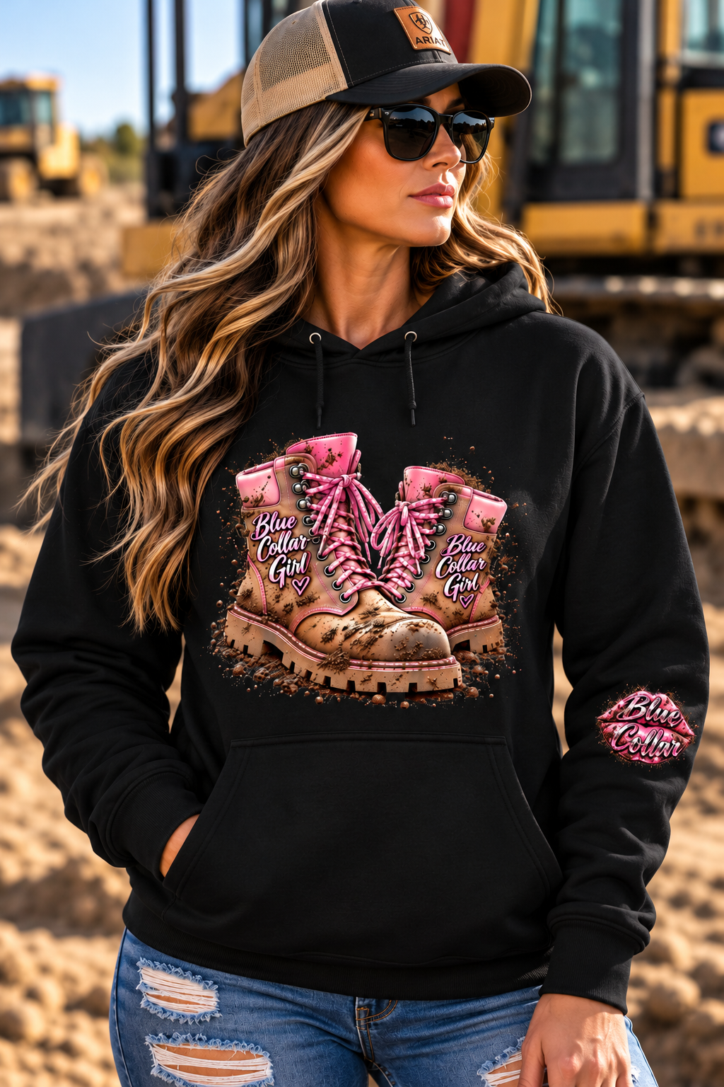 Blue Collar Girl – Pink Boots Hoodie  Pretty in pink, tough in the dirt!