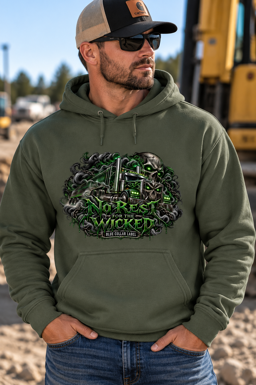 No Rest for the Wicked – Blue Collar Label Trucker Hoodie