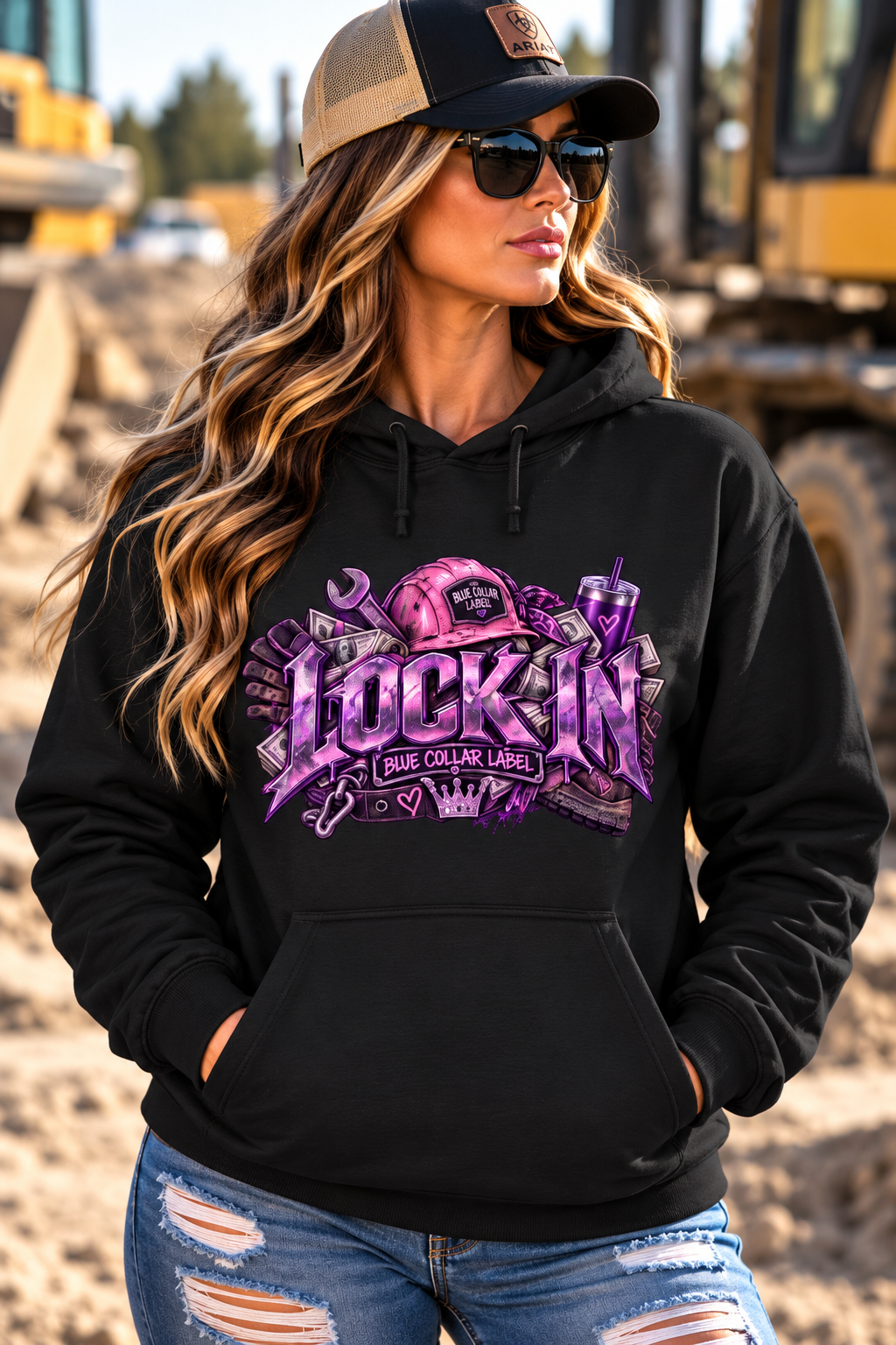 Women's LOCK IN Purple Blue Collar Graphic Hoodie