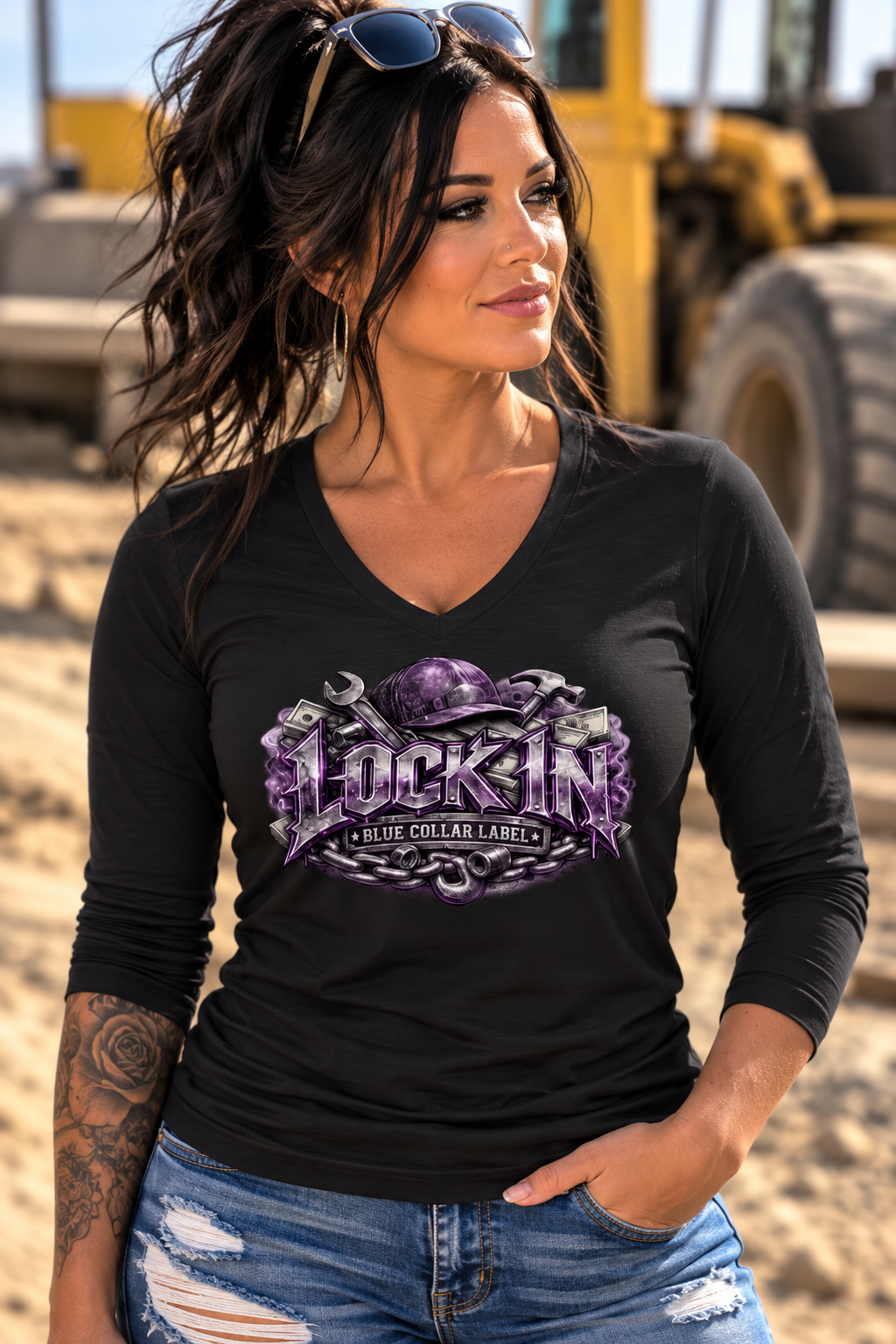 Women's LOCK IN Purple Graphic Long Sleeve V-Neck Shirt