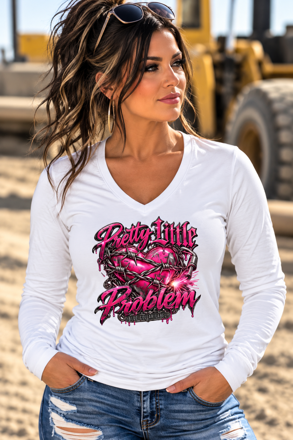 Pretty Little Problem – Women’s Blue Collar V-Neck Long Sleeve Shirt