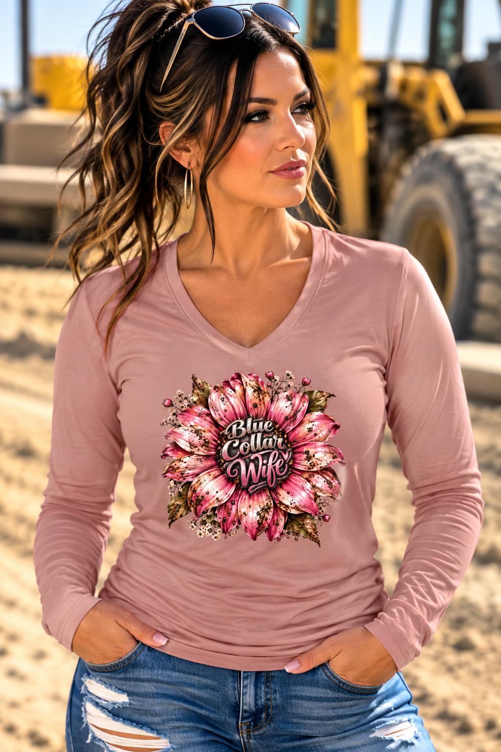 Blue Collar Wife – Floral Long Sleeve V-Neck Shirt