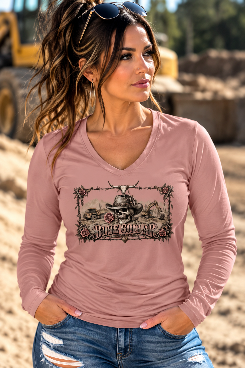 Western Rugged Tools Women's Cowgirl Skull Long Sleeve V-Neck | Blue Collar Label