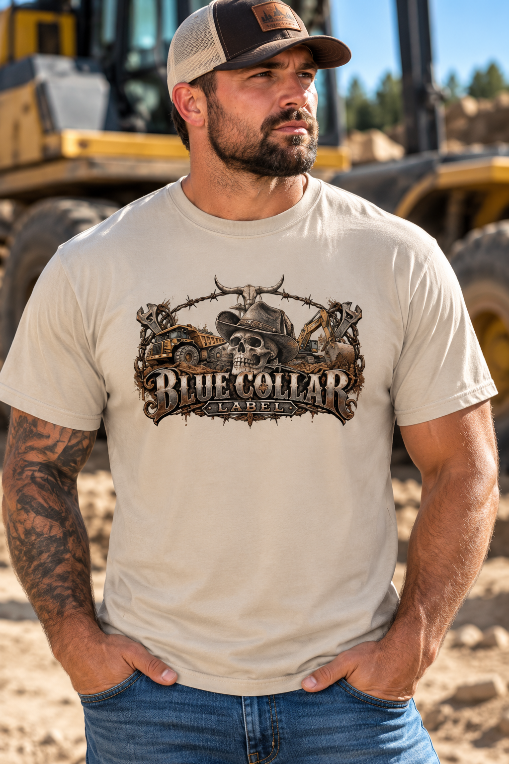 Men’s Western Skull Heavy Equipment Graphic T-Shirt – Blue Collar Construction Workwear Tee