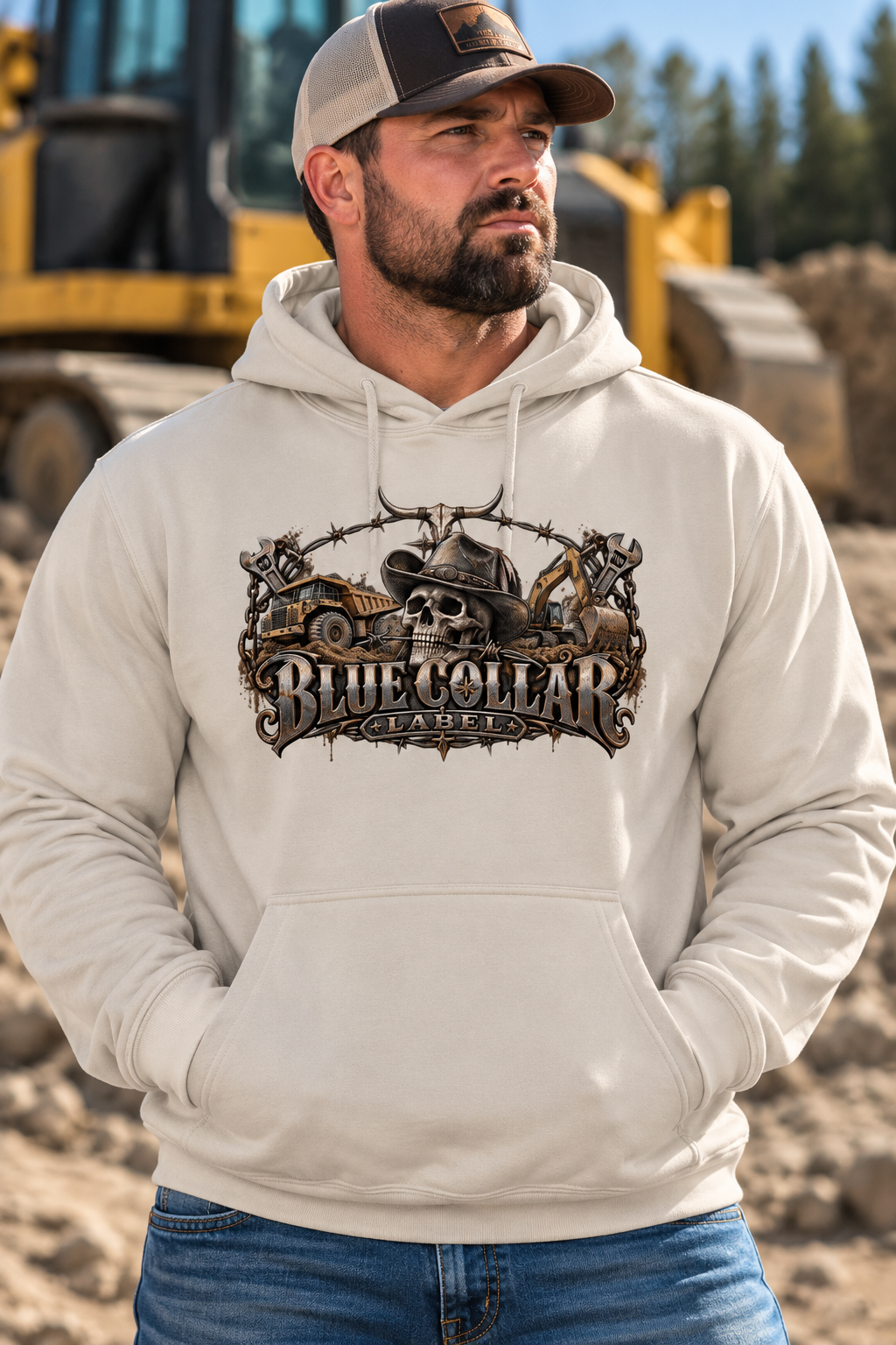 Men’s Western Skull Heavy Equipment Hoodie – Blue Collar Construction Graphic Sweatshirt