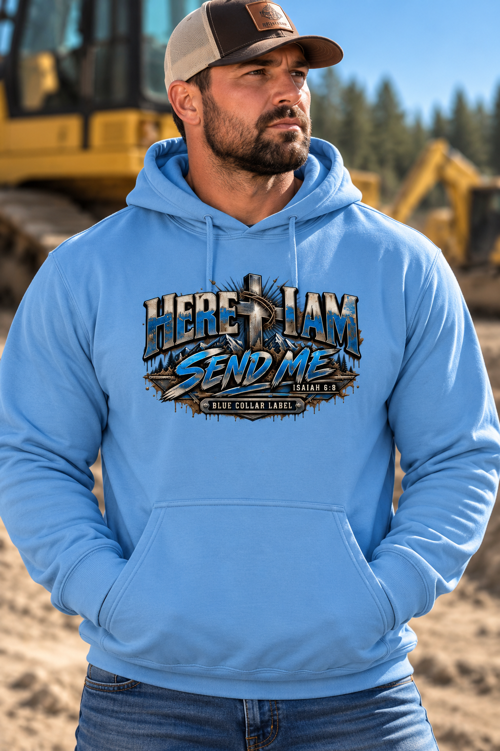 Here I Am Send Me Isaiah 6:8 Christian Hoodie – Blue Collar Faith Workwear
