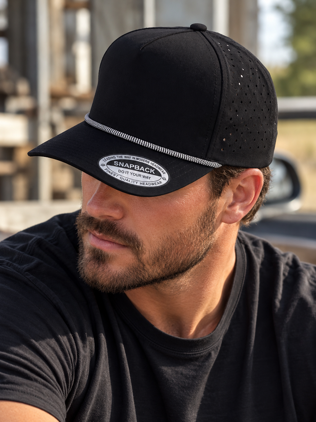 Men's black perforated rope snapback hat from Blue Collar Label