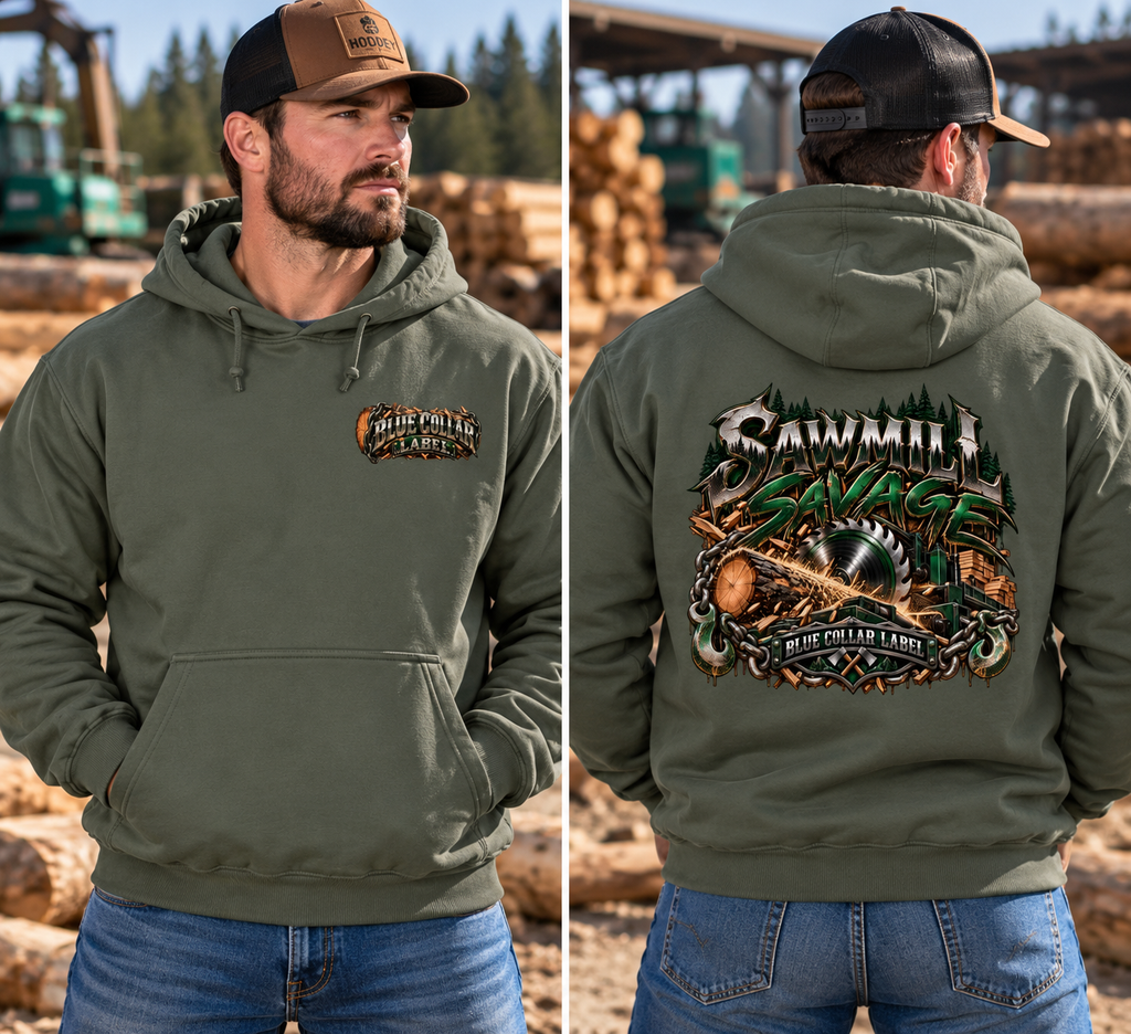 Sawmill Savage men's graphic hoodie by Blue Collar Label with rugged sawmill artwork