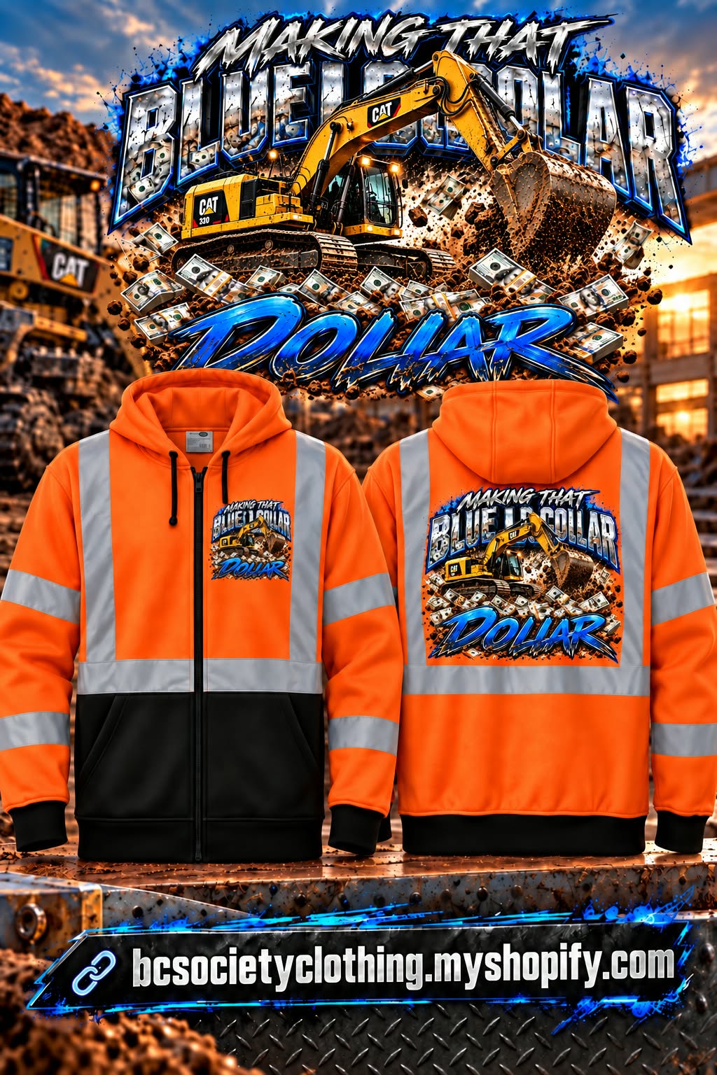 Hi-Vis Track Hoe Safety Zip Up Hoodie