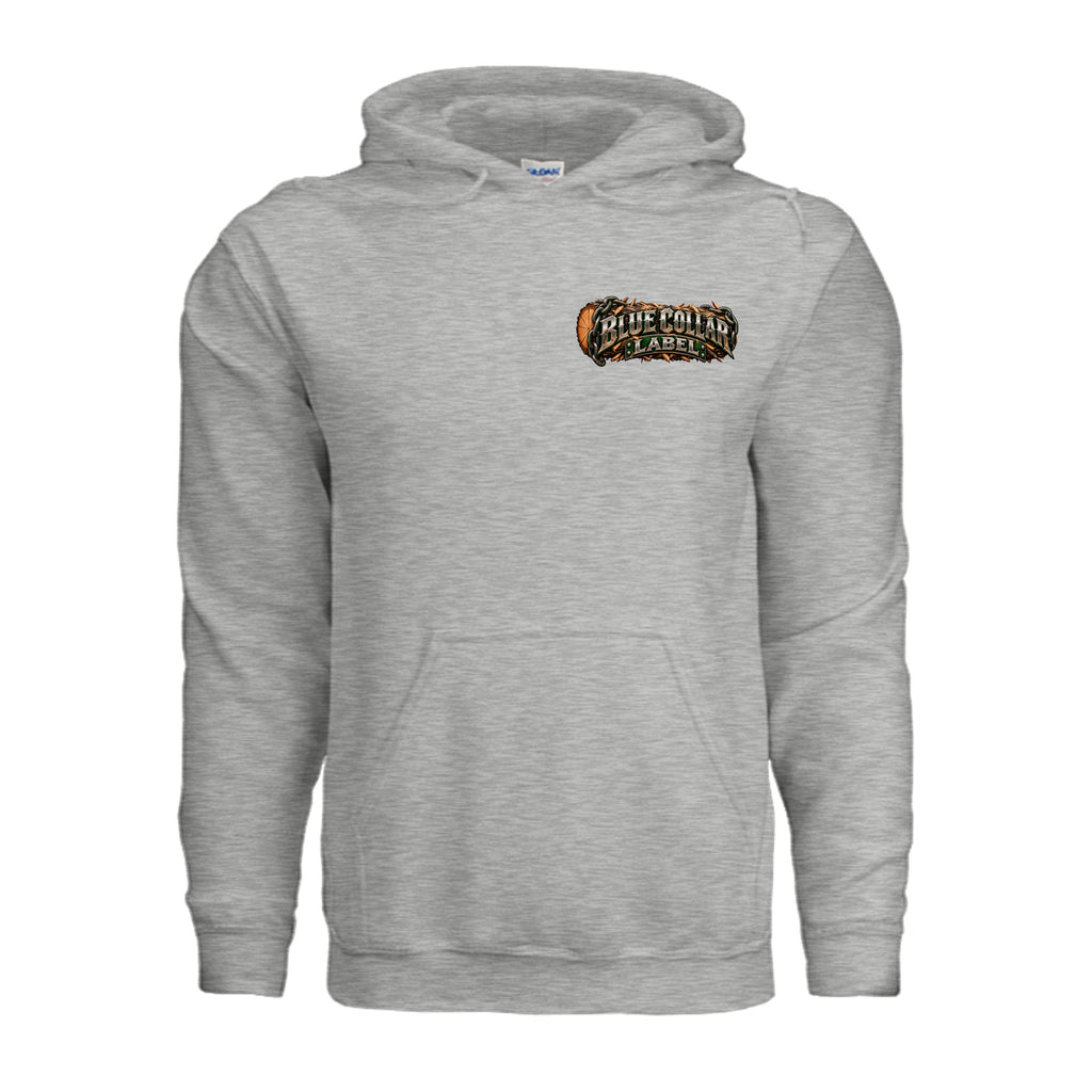 Sawmill Savage men's pullover hoodie front Blue Collar Label chest logo – Blue Collar Label
