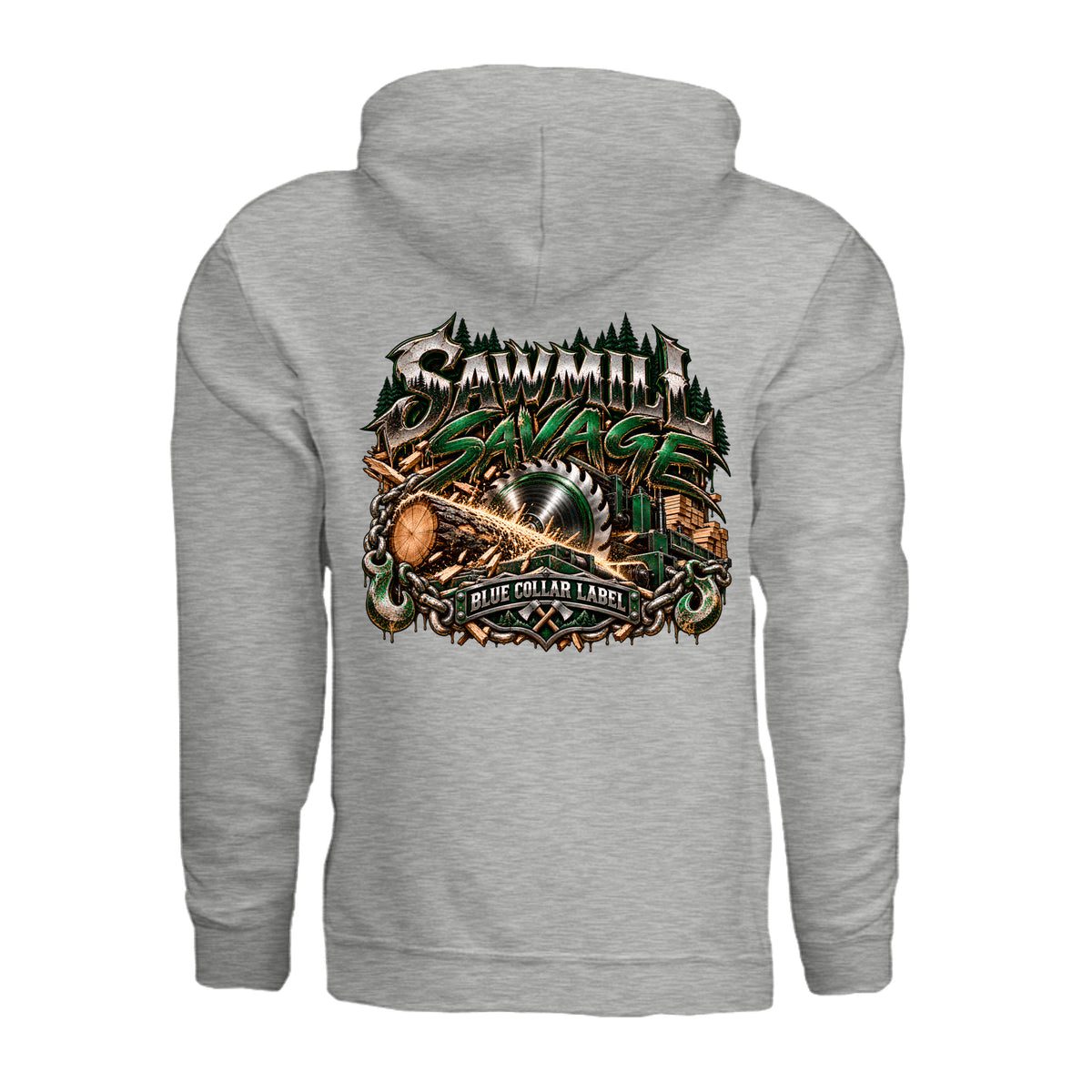 Sawmill Savage men's pullover hoodie back saw blade and logging graphic – Blue Collar Label