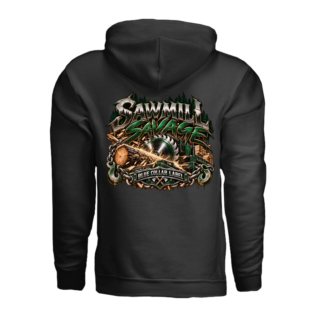Sawmill Savage men's pullover hoodie back saw blade and logging graphic – Blue Collar Label