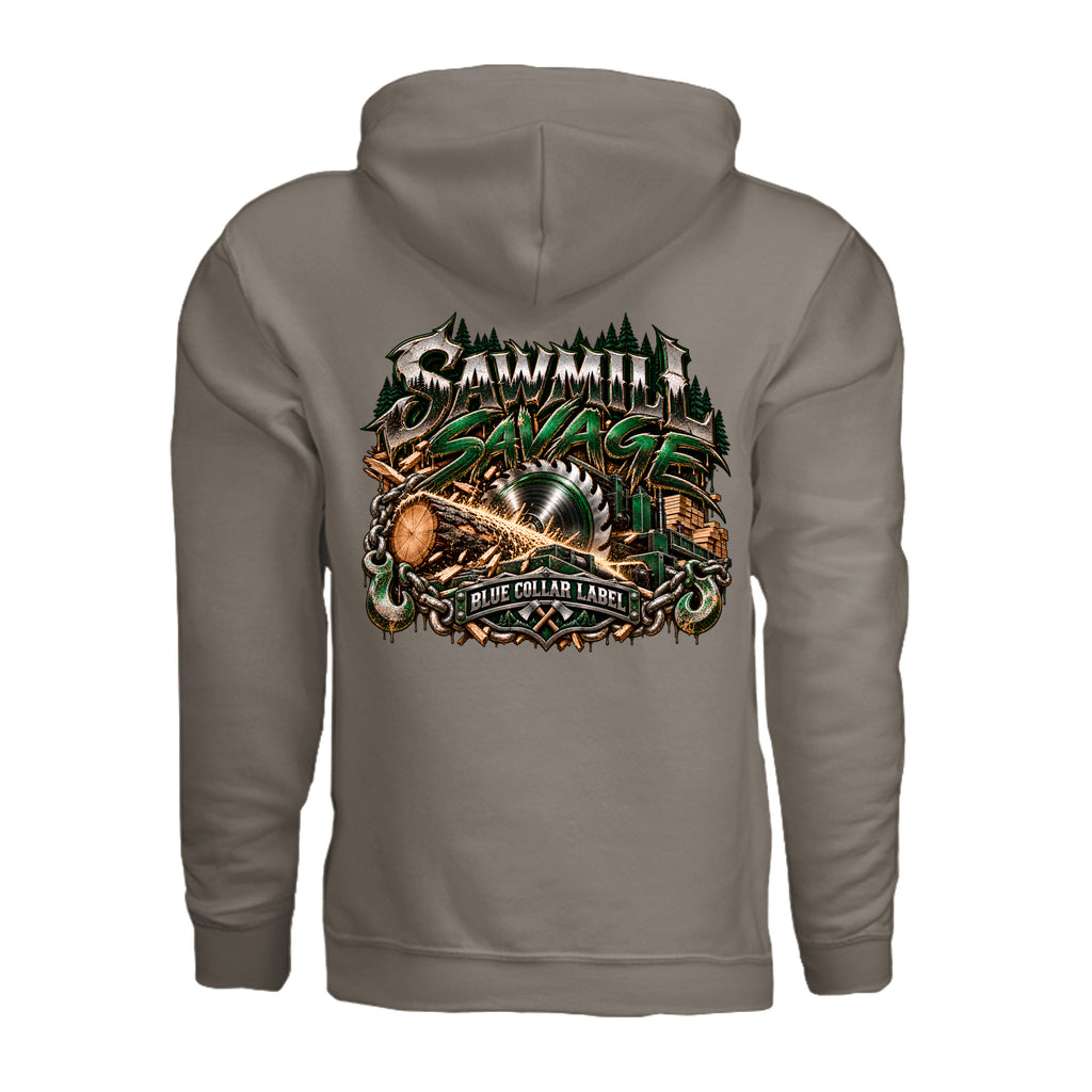 Sawmill Savage men's pullover hoodie back saw blade and logging graphic – Blue Collar Label