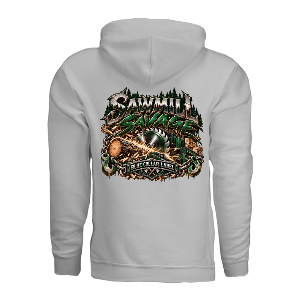Sawmill Savage men's pullover hoodie back saw blade and logging graphic – Blue Collar Label