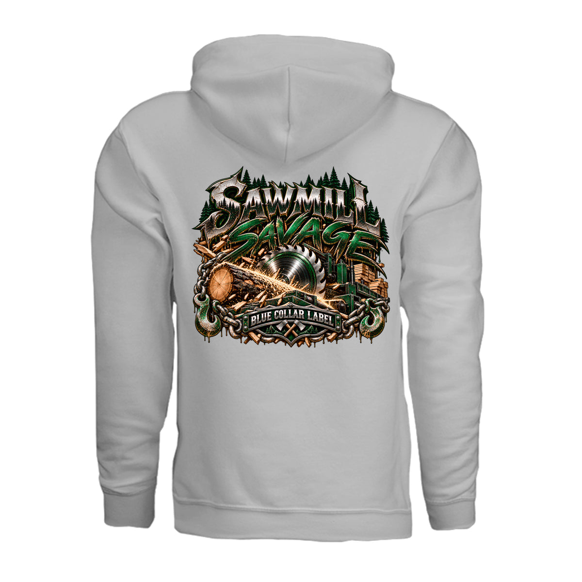 Sawmill Savage men's pullover hoodie back saw blade and logging graphic – Blue Collar Label