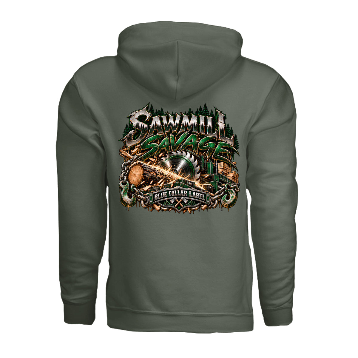 Sawmill Savage men's pullover hoodie back saw blade and logging graphic – Blue Collar Label