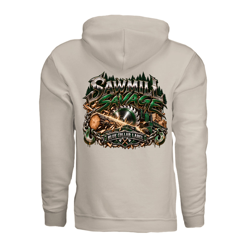 Sawmill Savage men's pullover hoodie back saw blade and logging graphic – Blue Collar Label