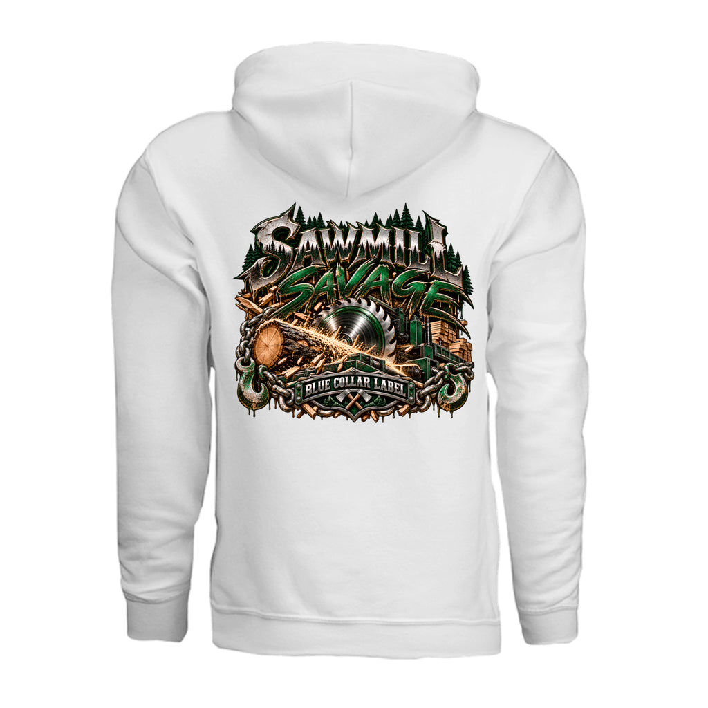 Sawmill Savage men's pullover hoodie back saw blade and logging graphic – Blue Collar Label