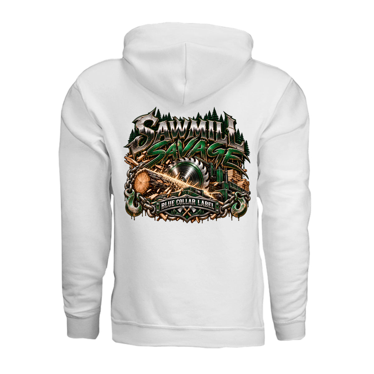 Sawmill Savage men's pullover hoodie back saw blade and logging graphic – Blue Collar Label