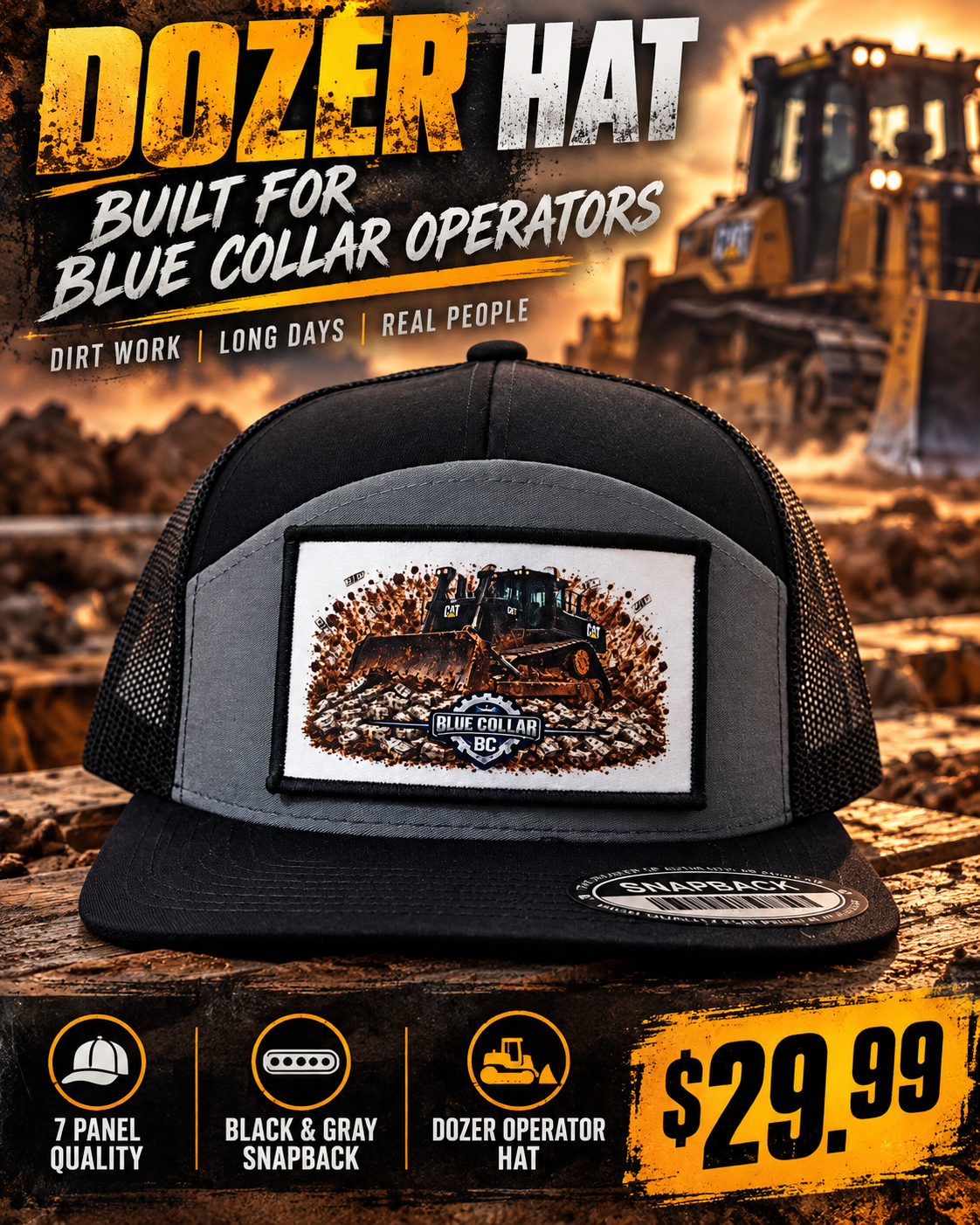 Dozer Patch 7-Panel Snapback – Black & Gray