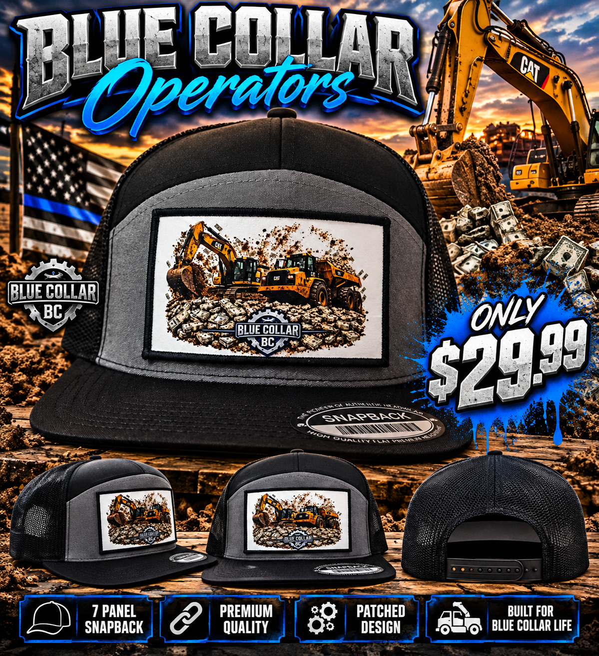 Blue collar trackhoe and haul truck design patched hat